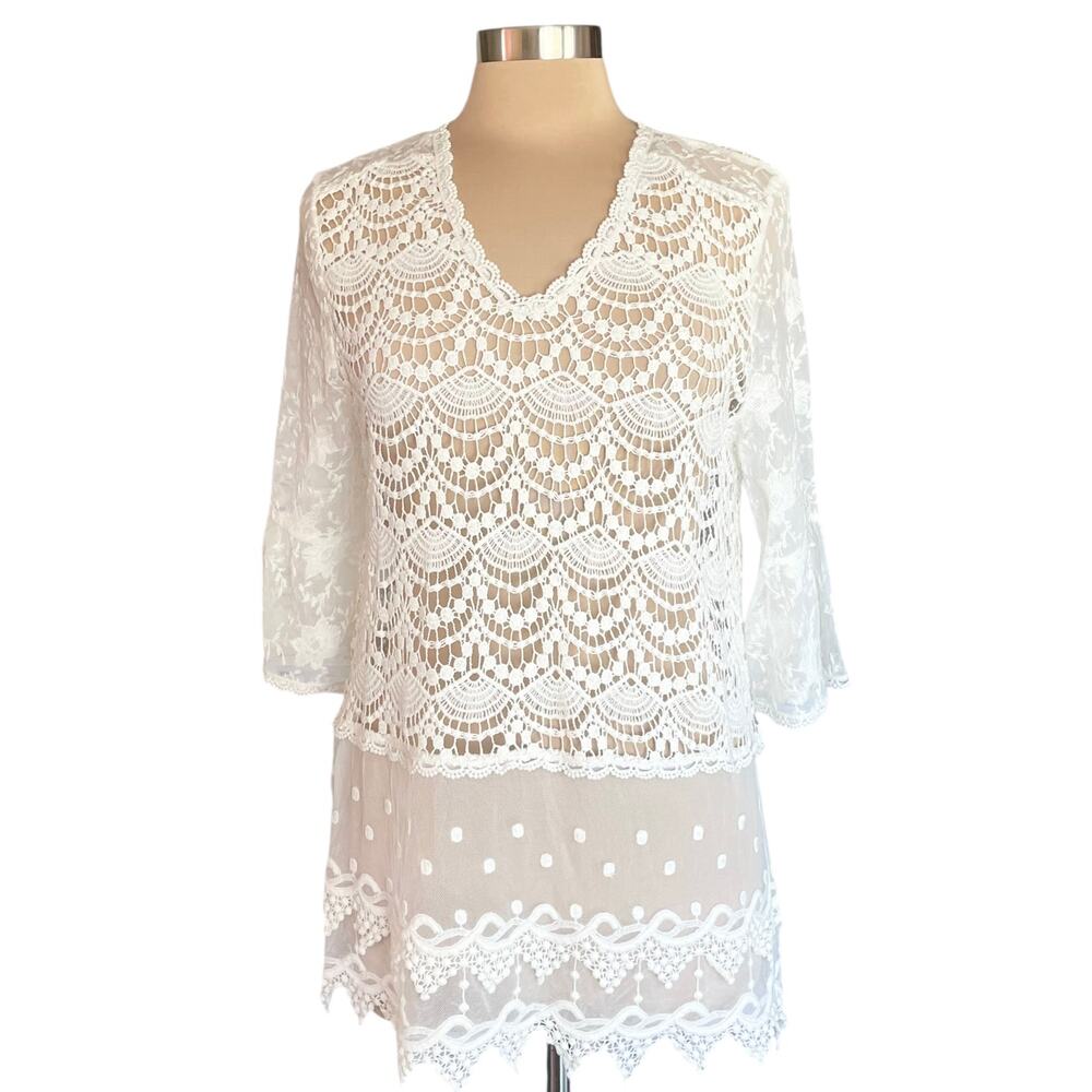 Lauren Michelle Sheer Lace Blouse Size M Cream/White Fairy Feminine Cottagecore